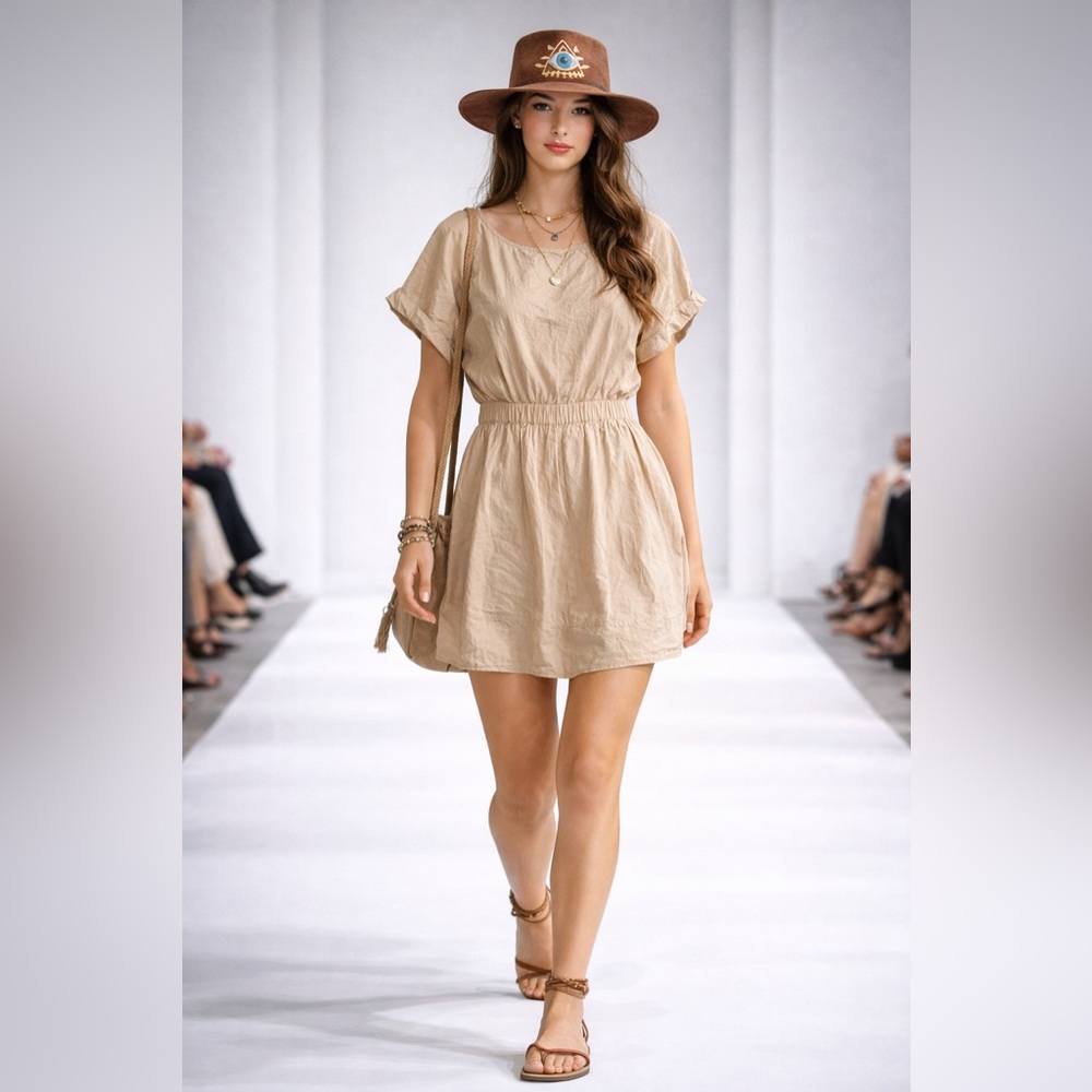 Free People Mini Tunic Dress Beige Cotton Boho XS (S/M)